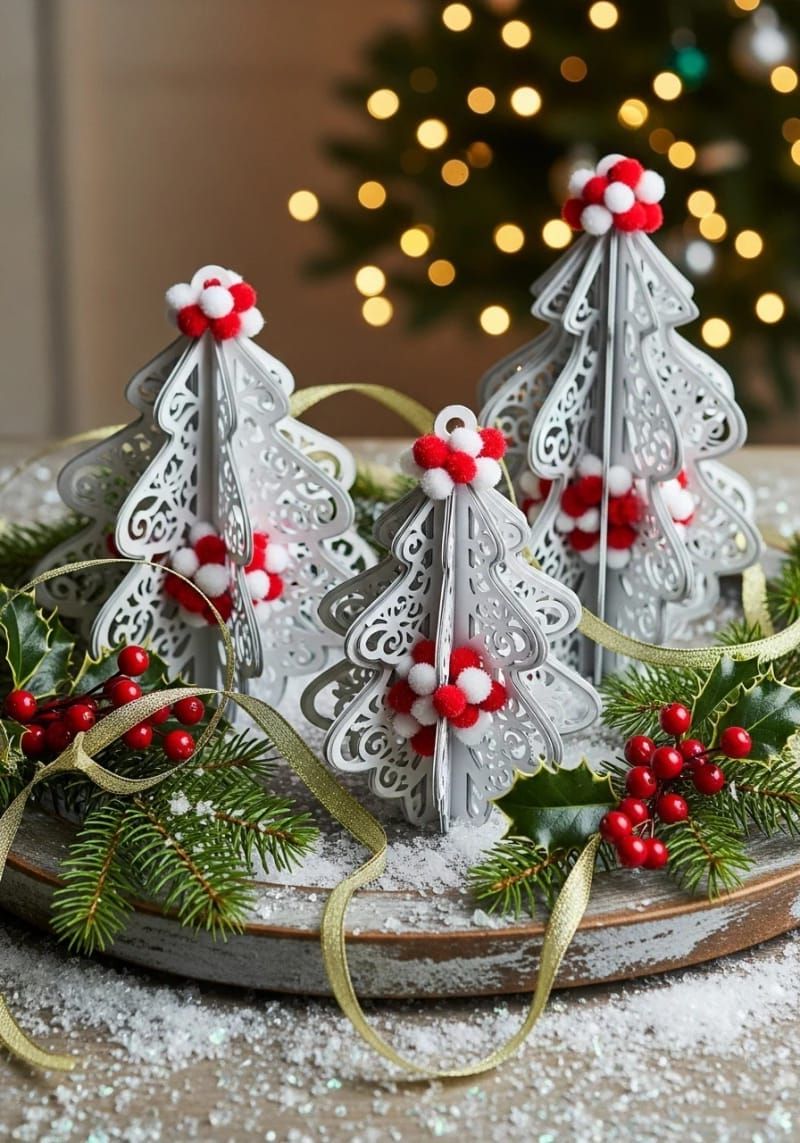 7. 3D snowflake and pom-pom Christmas tree ornaments