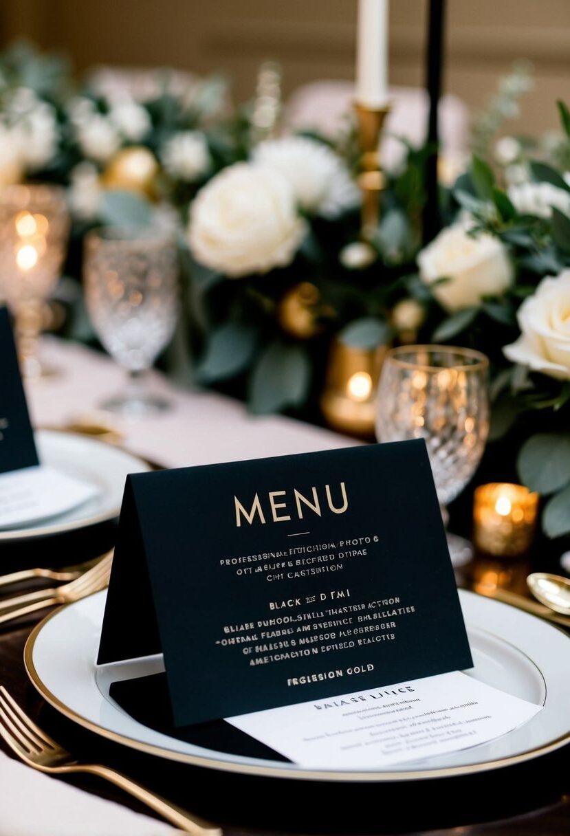 11) Custom black and gold menu cards