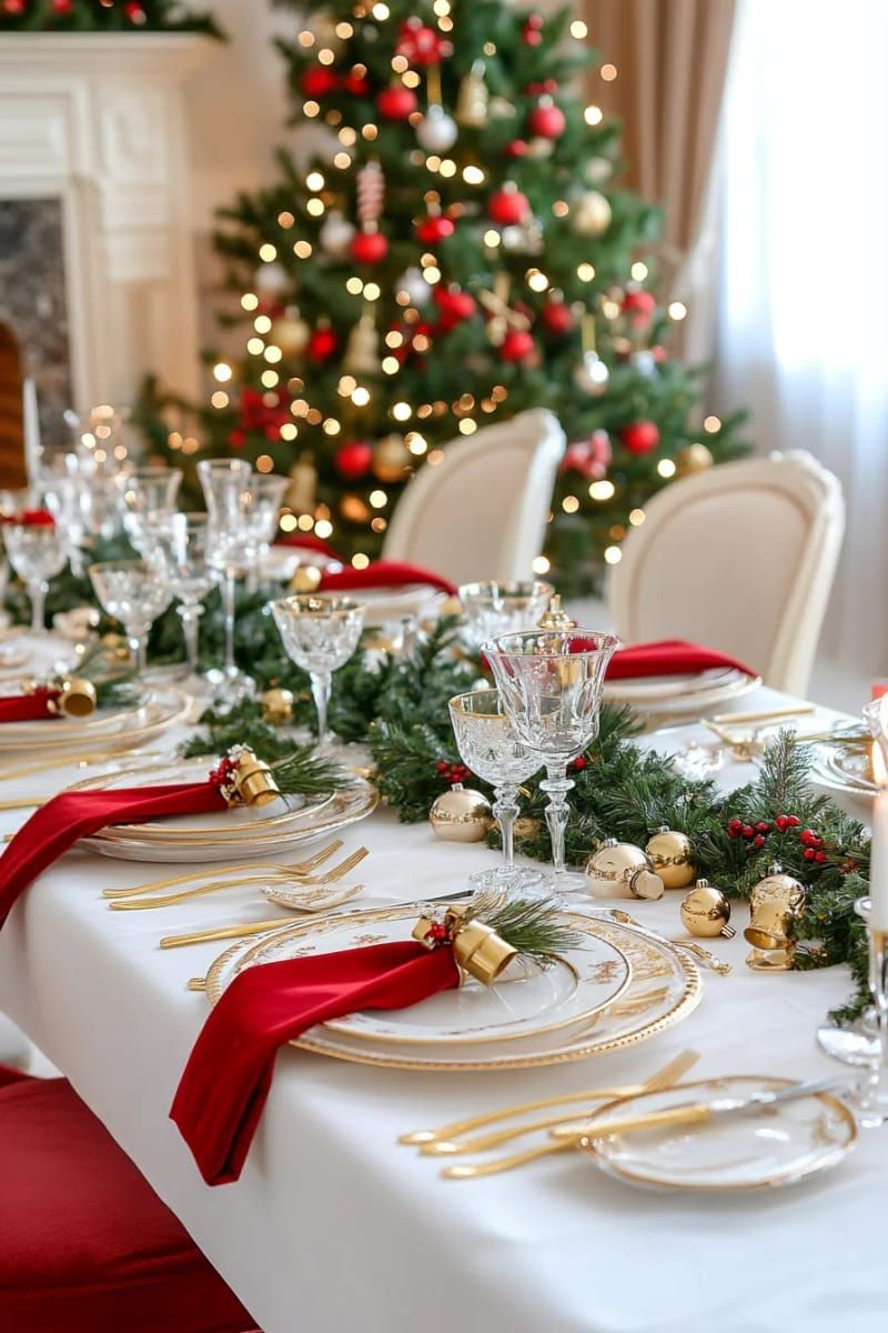 1. Velvet Red Napkins With Gold Bells and Pine
