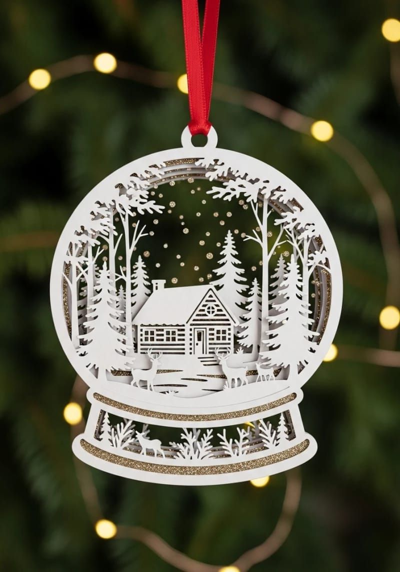 22. Woodland cabin snow globe ornament with layered snow - photo 2