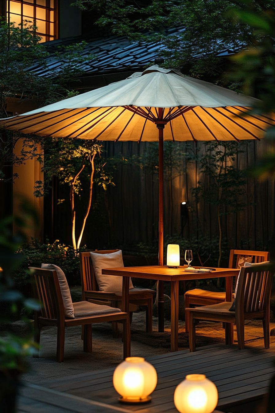 4. Add Soft Table Lamps Under the Umbrella