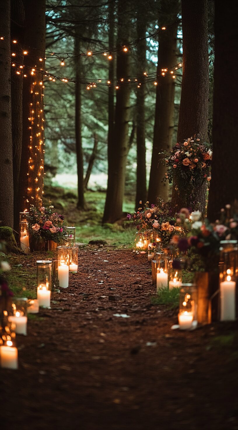 10. Candles and String Lights Along the Aisle