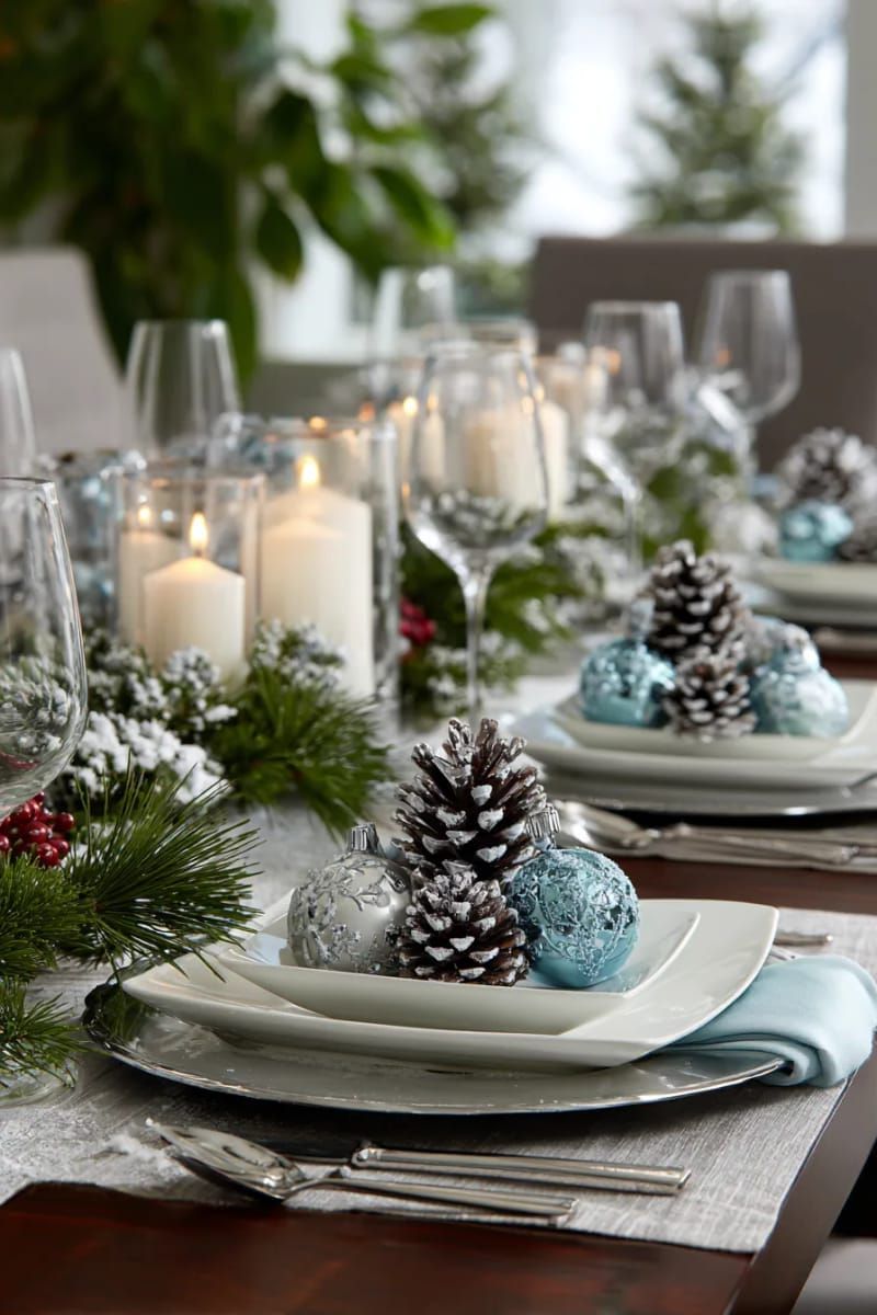26. Blue and Silver Ornaments With Frosted Pinecones - photo 3