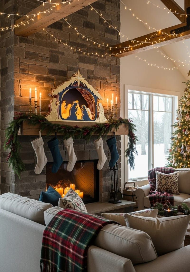 21. Gold and navy layered nativity mantel display - photo 2