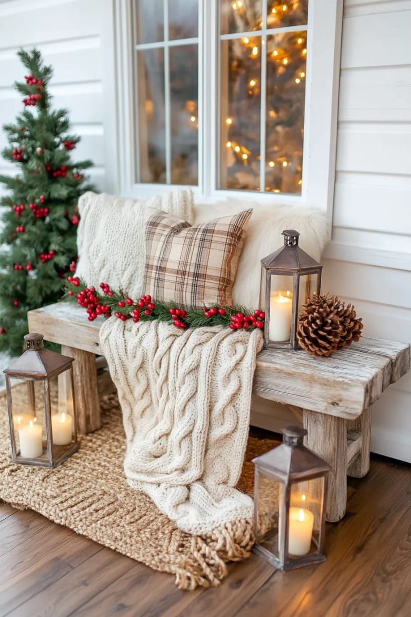 11. Knit Throws On Farmhouse Bench