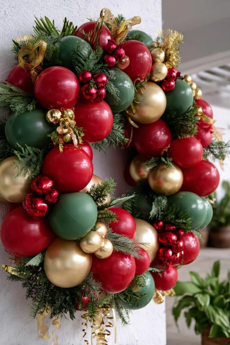 3. Red, green, and gold holiday balloon wreath