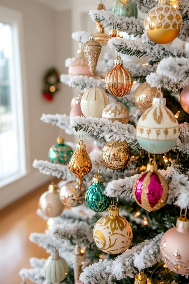 26. Frosted tree with vintage ornaments and twinkle lights