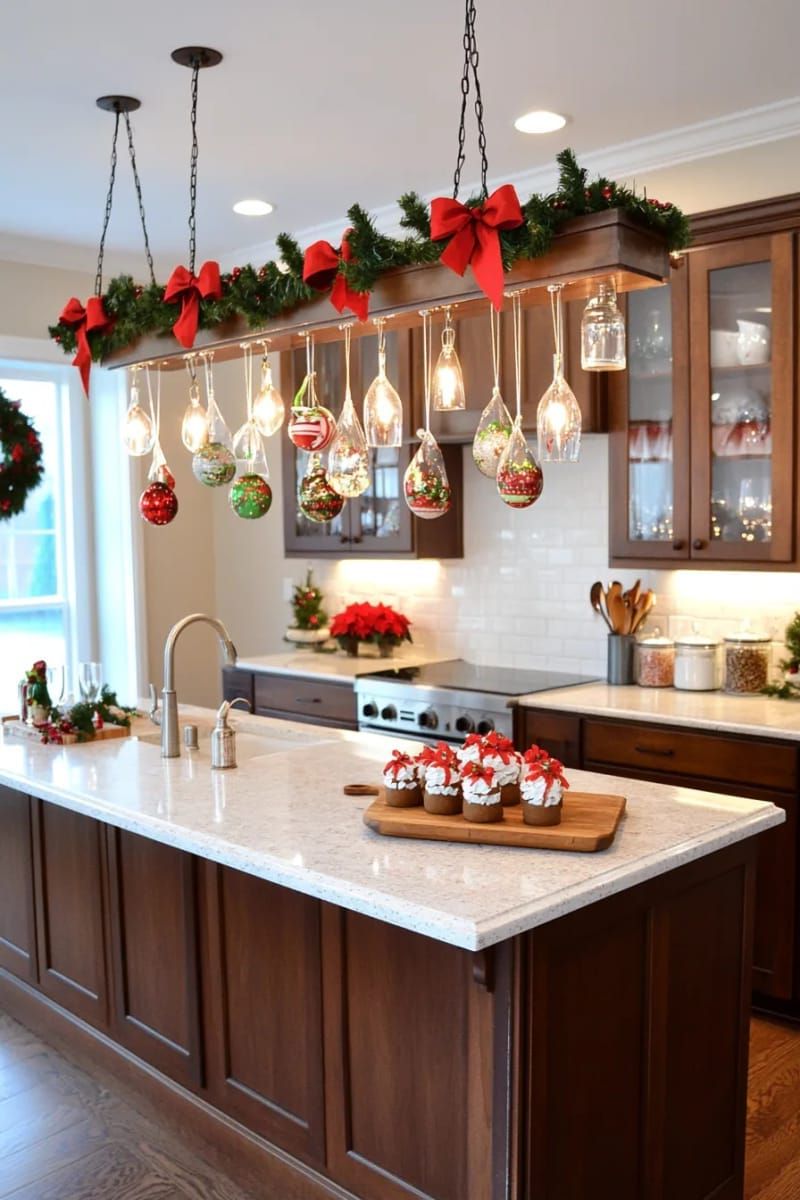 13. Hanging inverted wine glasses containing ornaments and candles