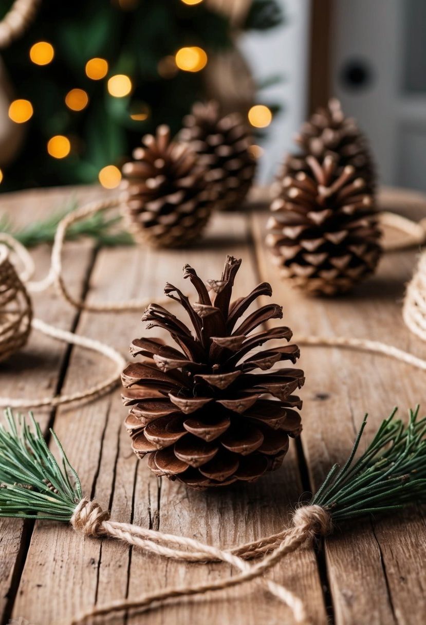 28) Pinecones and Twine Decorations