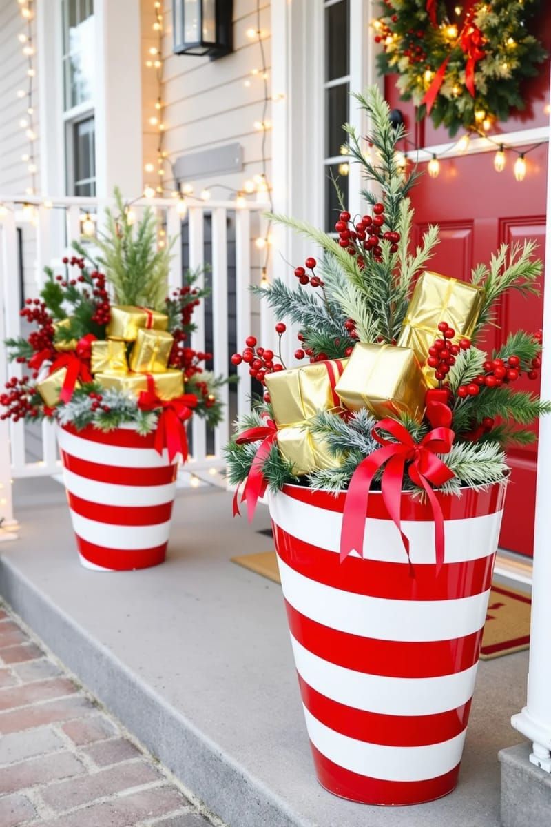 4. Candy Cane Planters With Gold Gifts And Red Berries