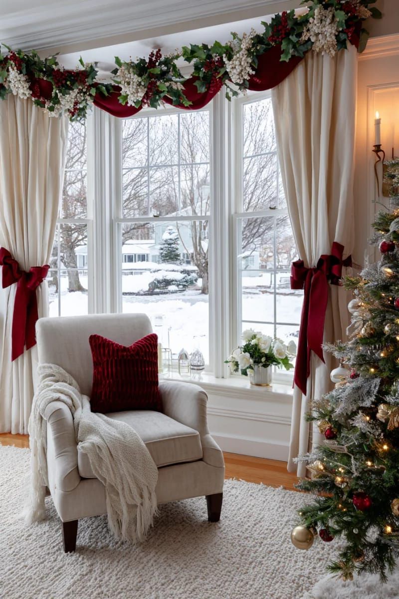 20. Window swags of holly and ivy with velvet ribbon