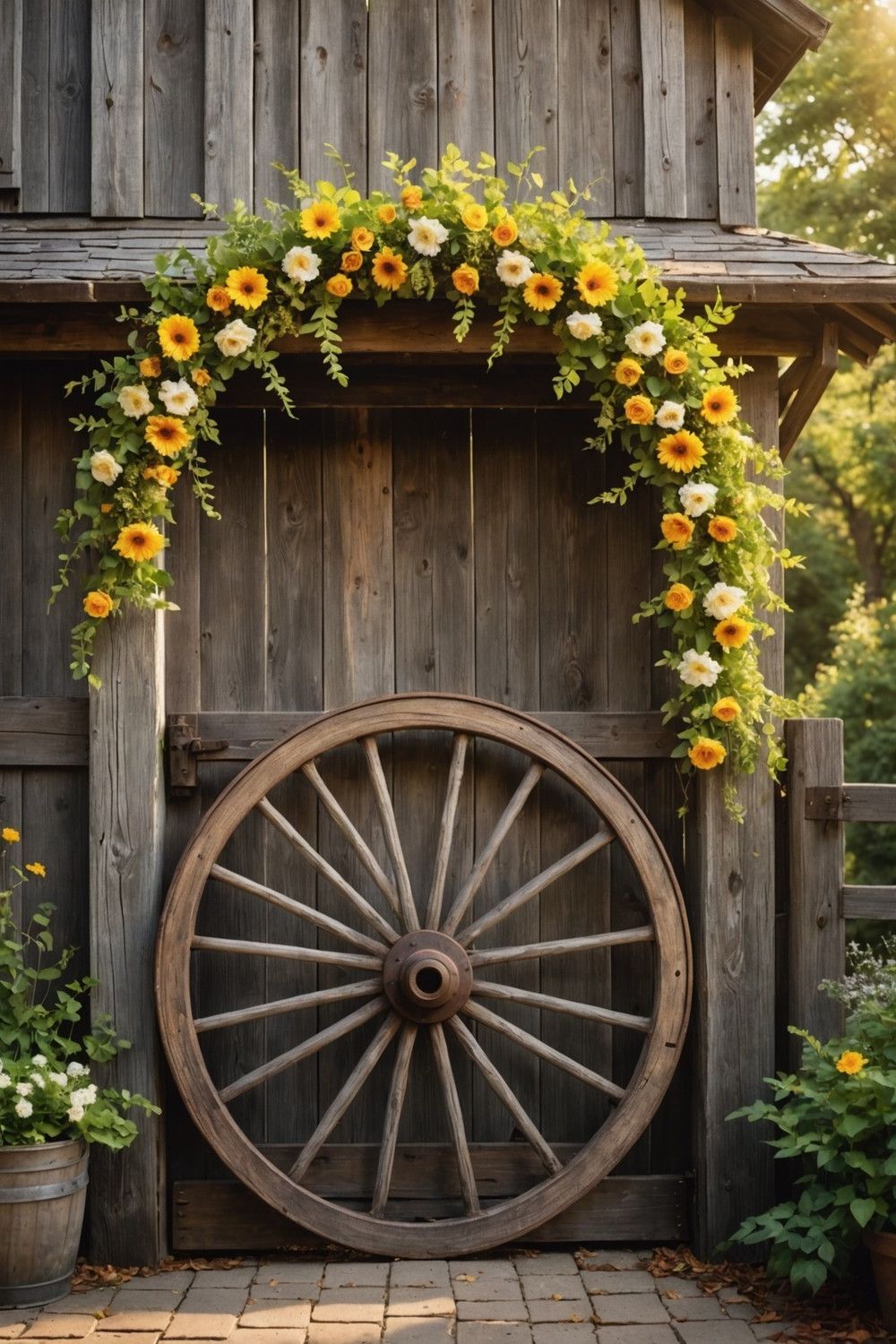Antique Wagon Wheel Gate with Flower Garland