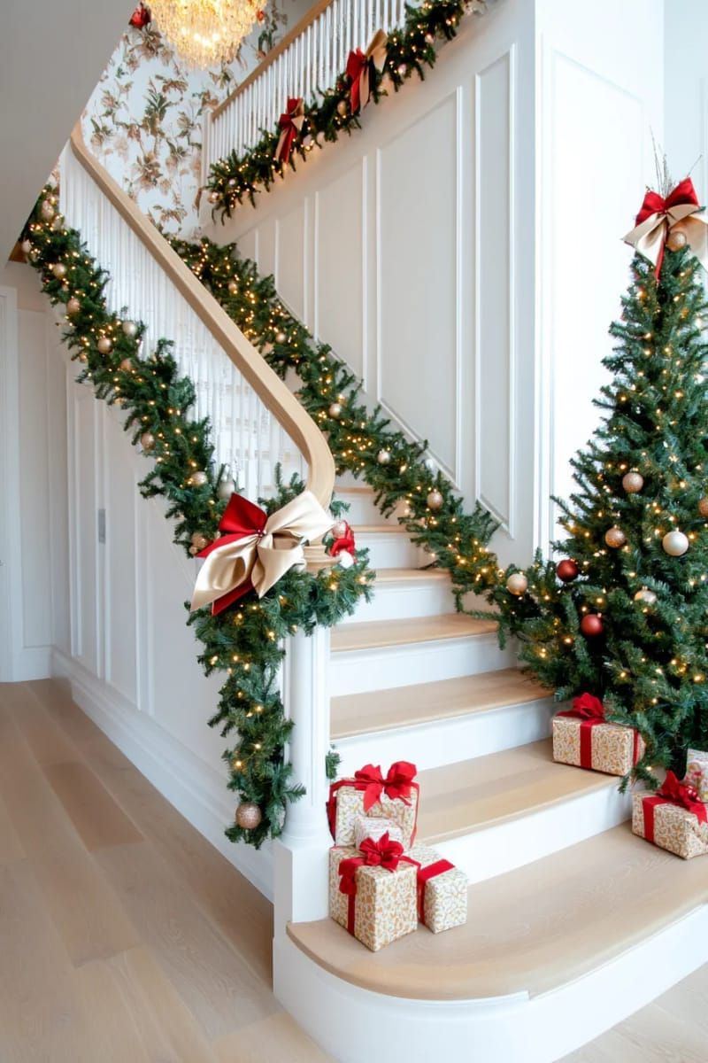 15. Banister garland with fairy lights and satin bows