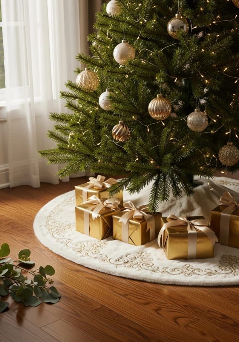 18. Faux Fur Tree Skirt With Gold Accents - photo 3