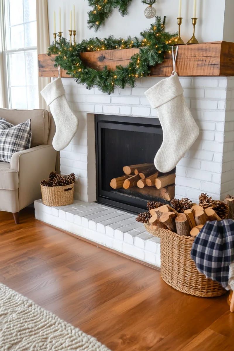 13. Wooden Bead Garland Over Fireplace