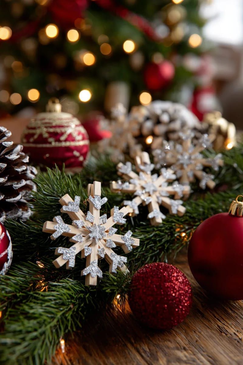 18. Silver glitter-dusted wooden snowflake ornaments made from clothespins - photo 2