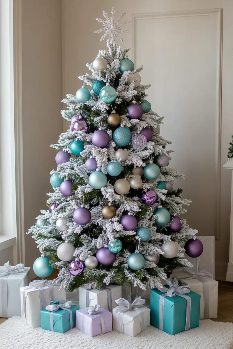 21. Flocked Tree With Icy Blue and Lavender