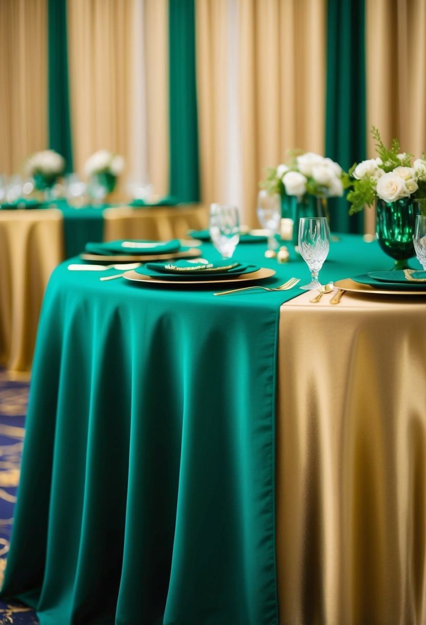 5) Emerald Tablecloths With Gold Details