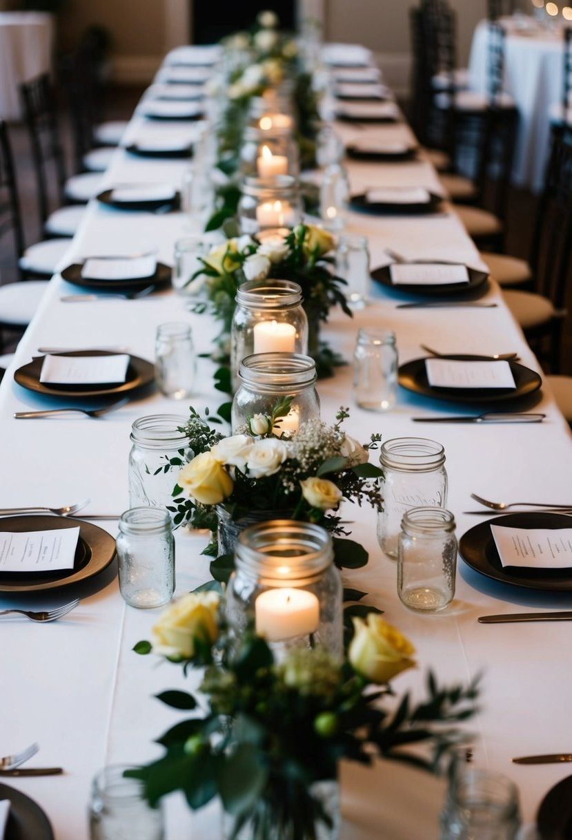 2) Long White Linens with Mason Jar Centerpieces
