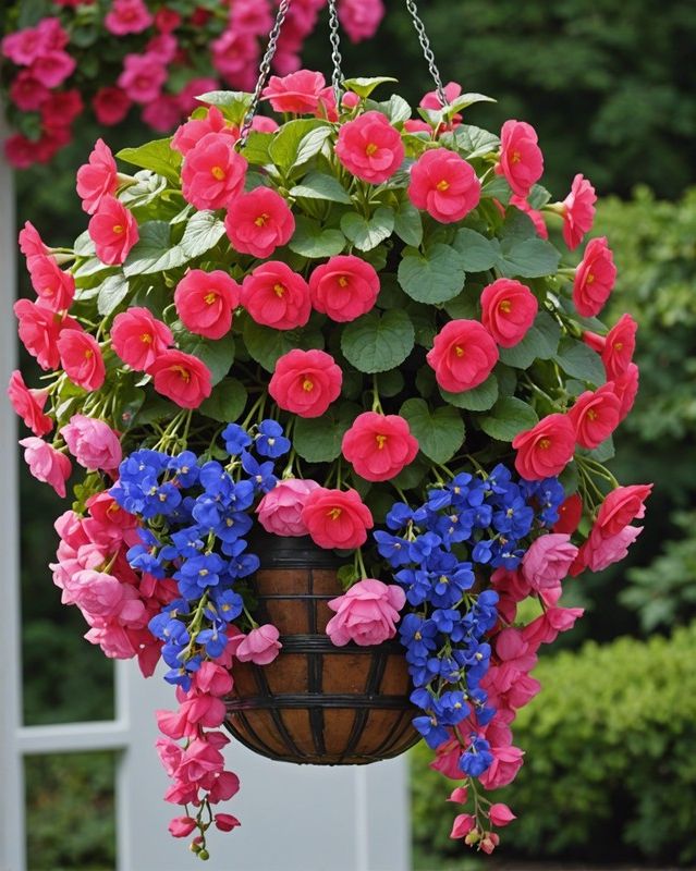 Hanging Baskets with Begonias, Lobelia, and Fuchsia