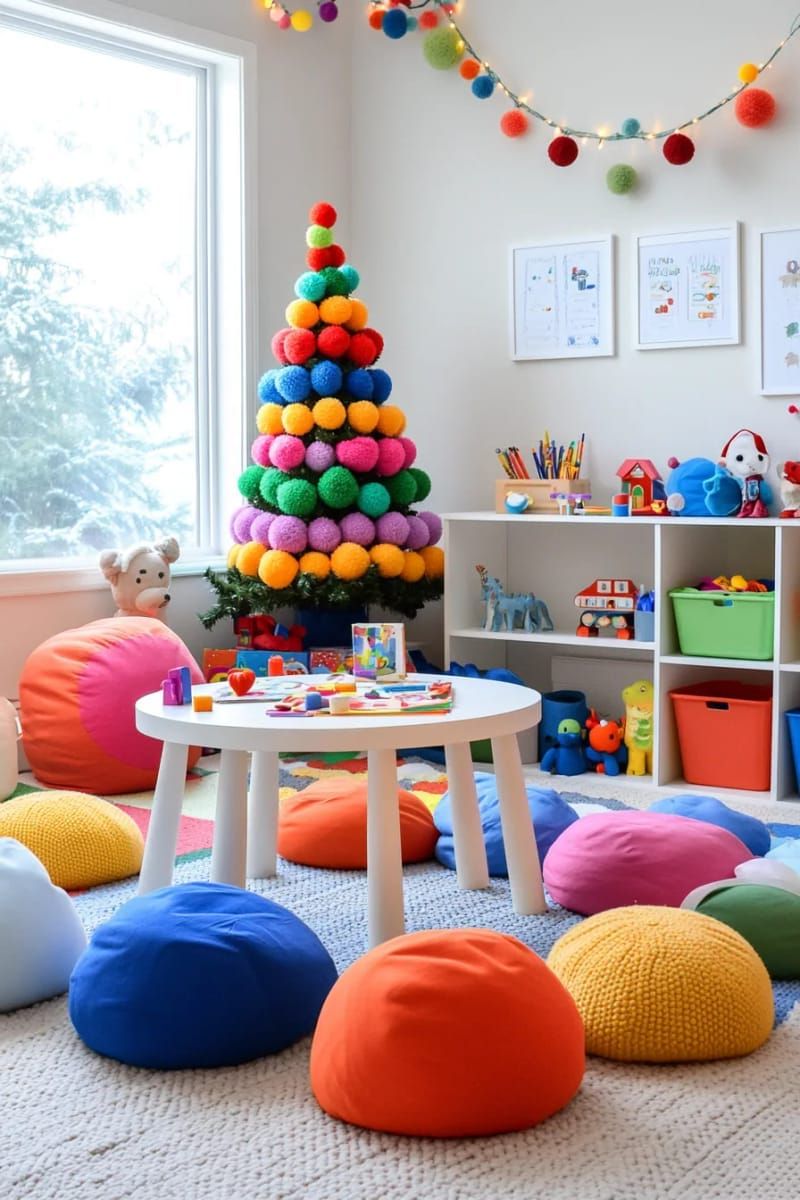 2. Playroom mini tree covered in rainbow pom-poms