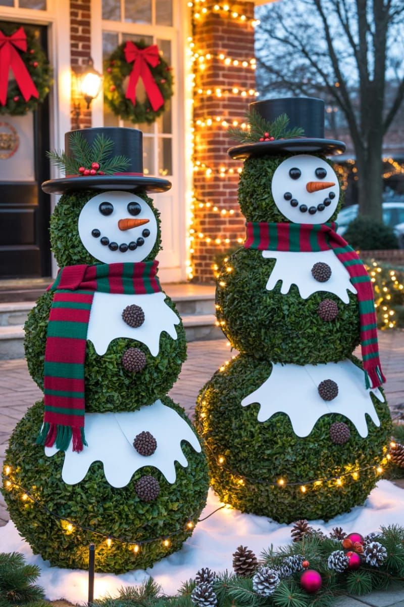 12. Snowman Topiaries Dressed in Scarves and Hats