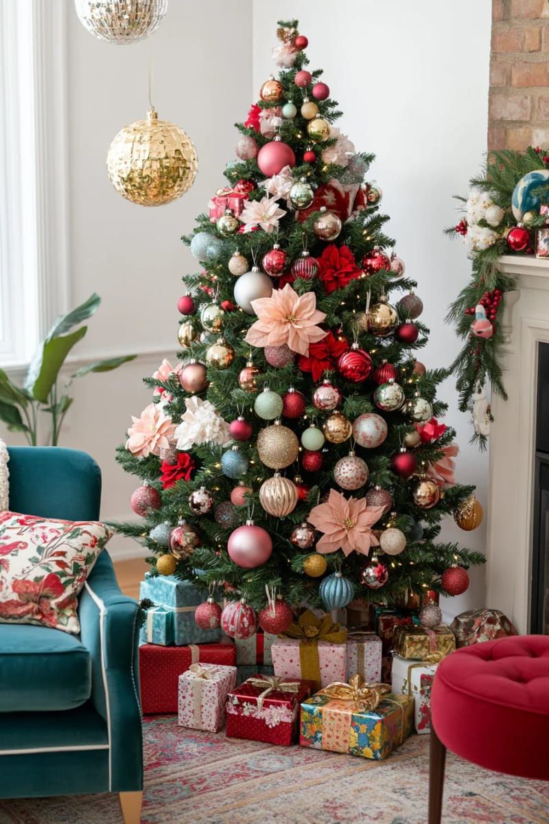 10. Opulent Tree With Ribbons and Floral Accents