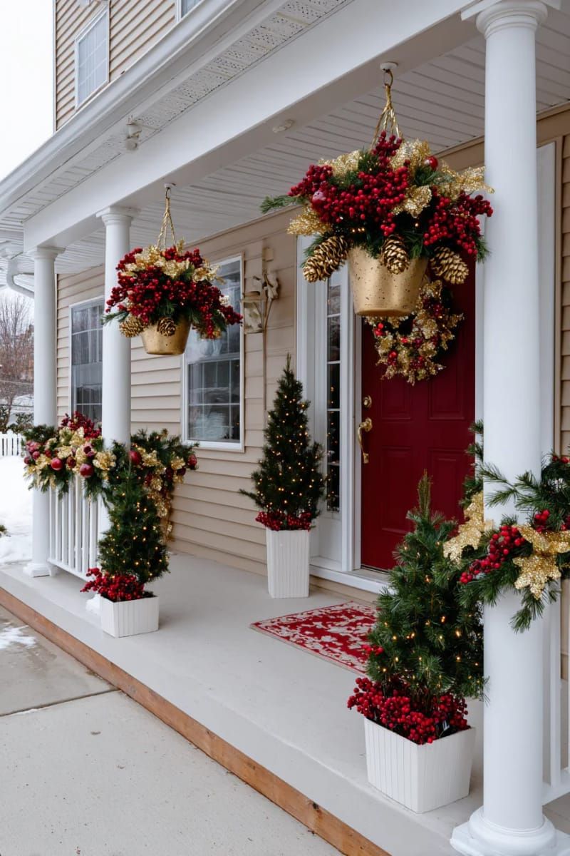 8. Hanging Baskets With Gold Pinecones And Red Berries