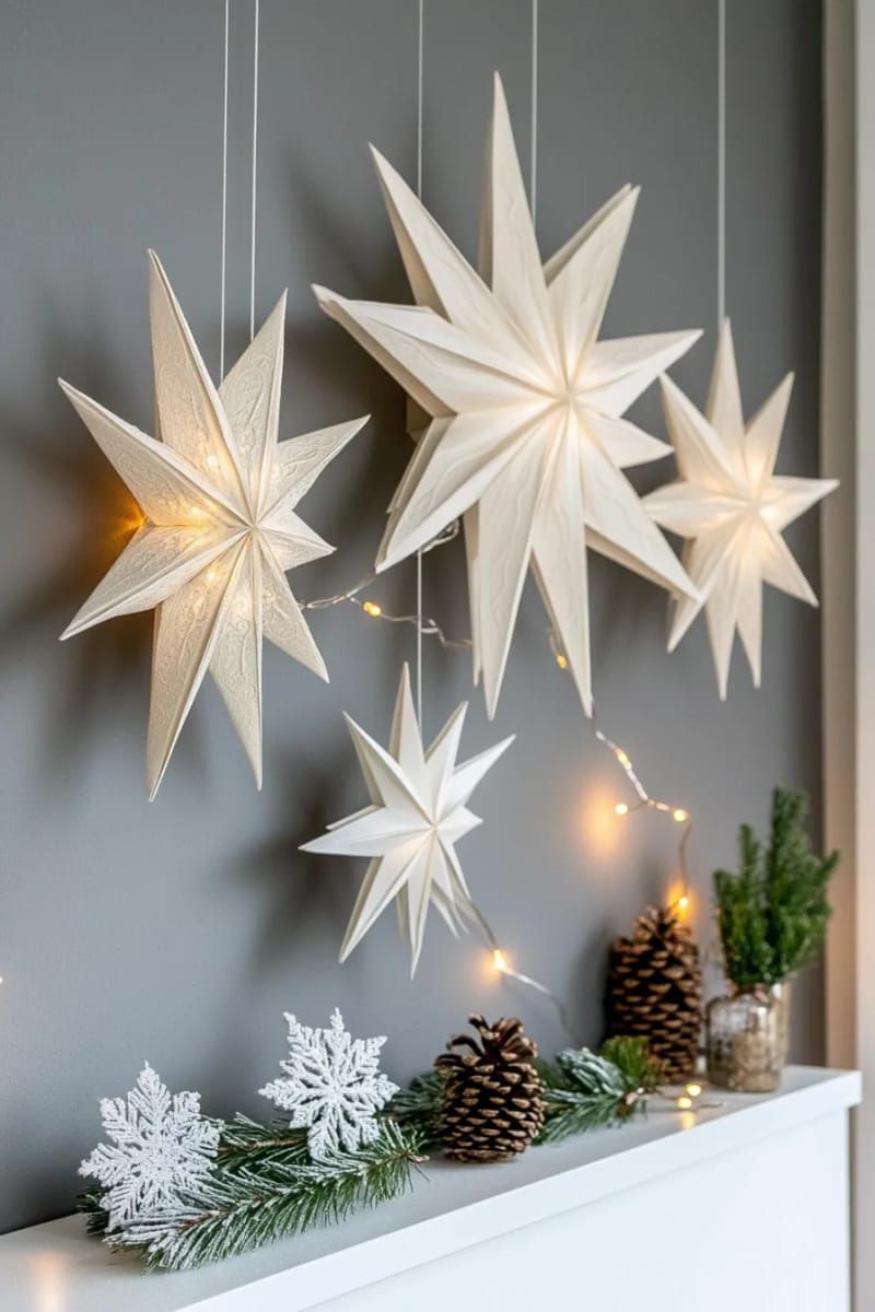 1. Layered 3D Paper Snowflake Stars for Winter Walls