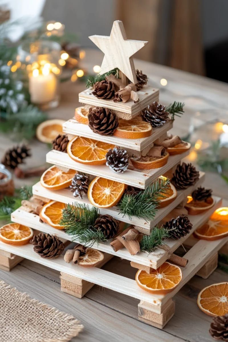 15. Rustic pallet tree with pinecones and orange slices