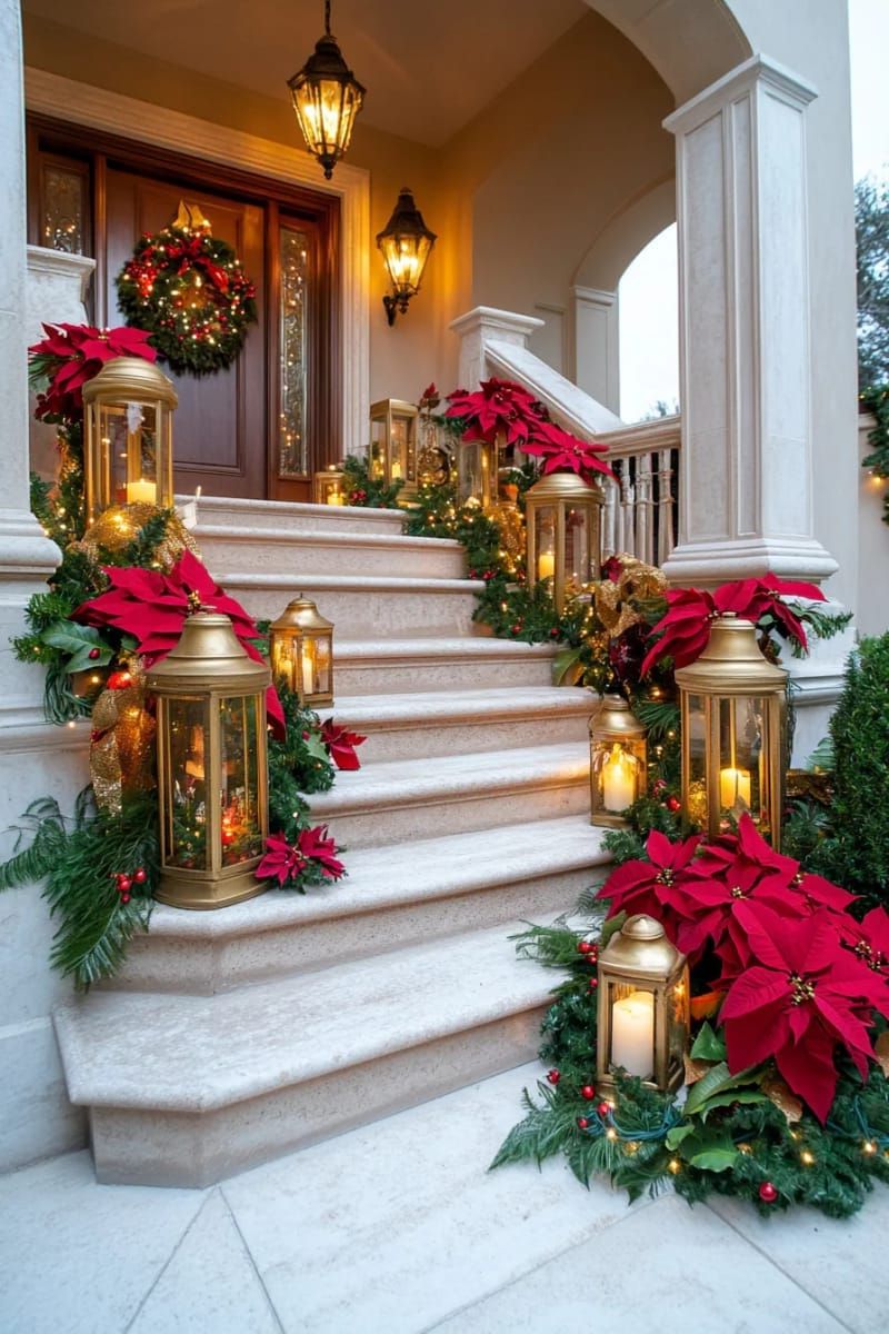 9. Gold Lanterns And Red Poinsettias Along The Steps - photo 2