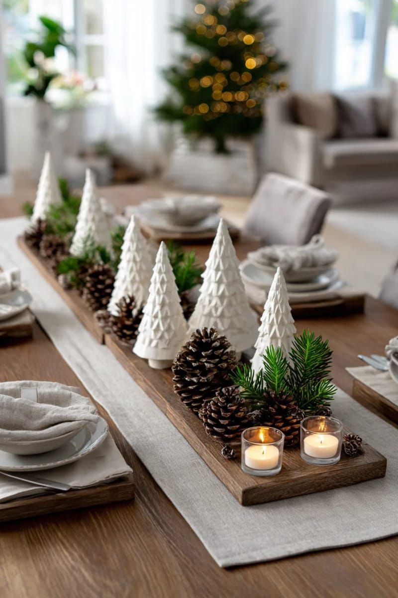 5. Linen Runner With White Ceramic Trees