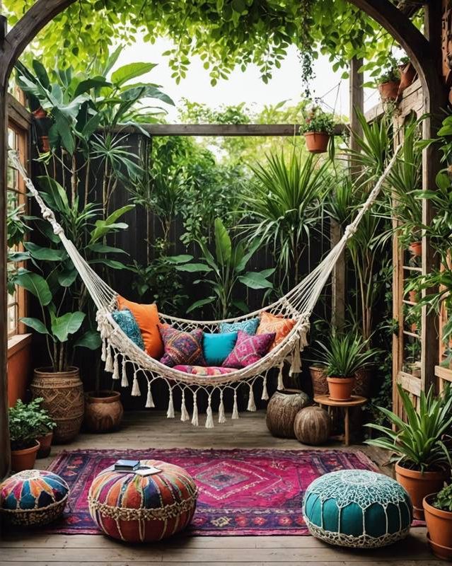 Bohemian Oasis With Hammock And Moroccan Poufs