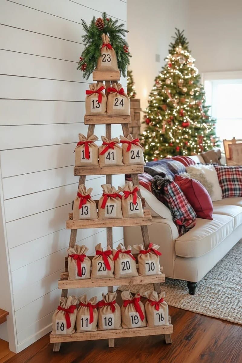 13. Pallet advent calendar with burlap gift pouches