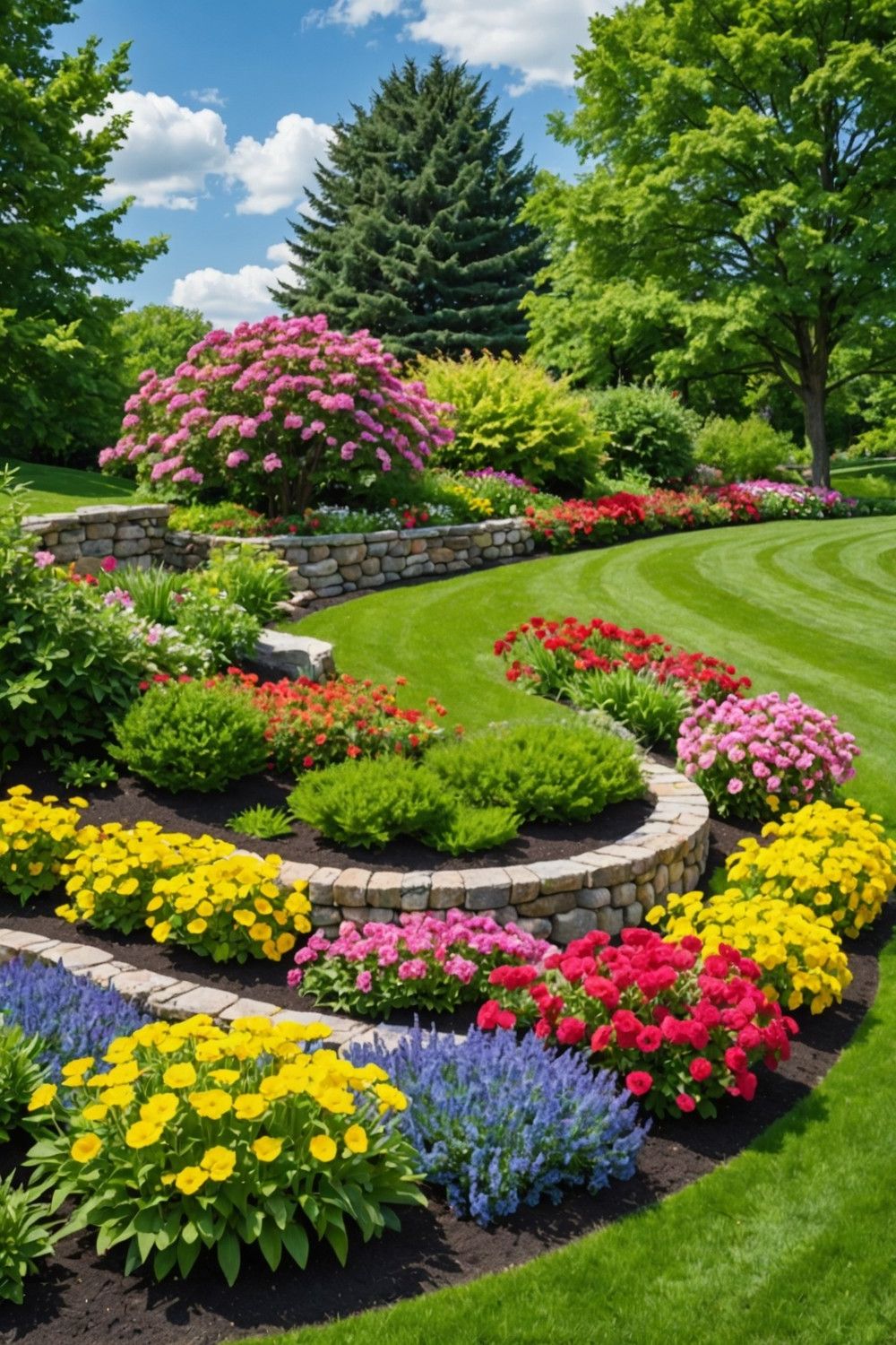 Curved Wall with Colorful Flower Beds