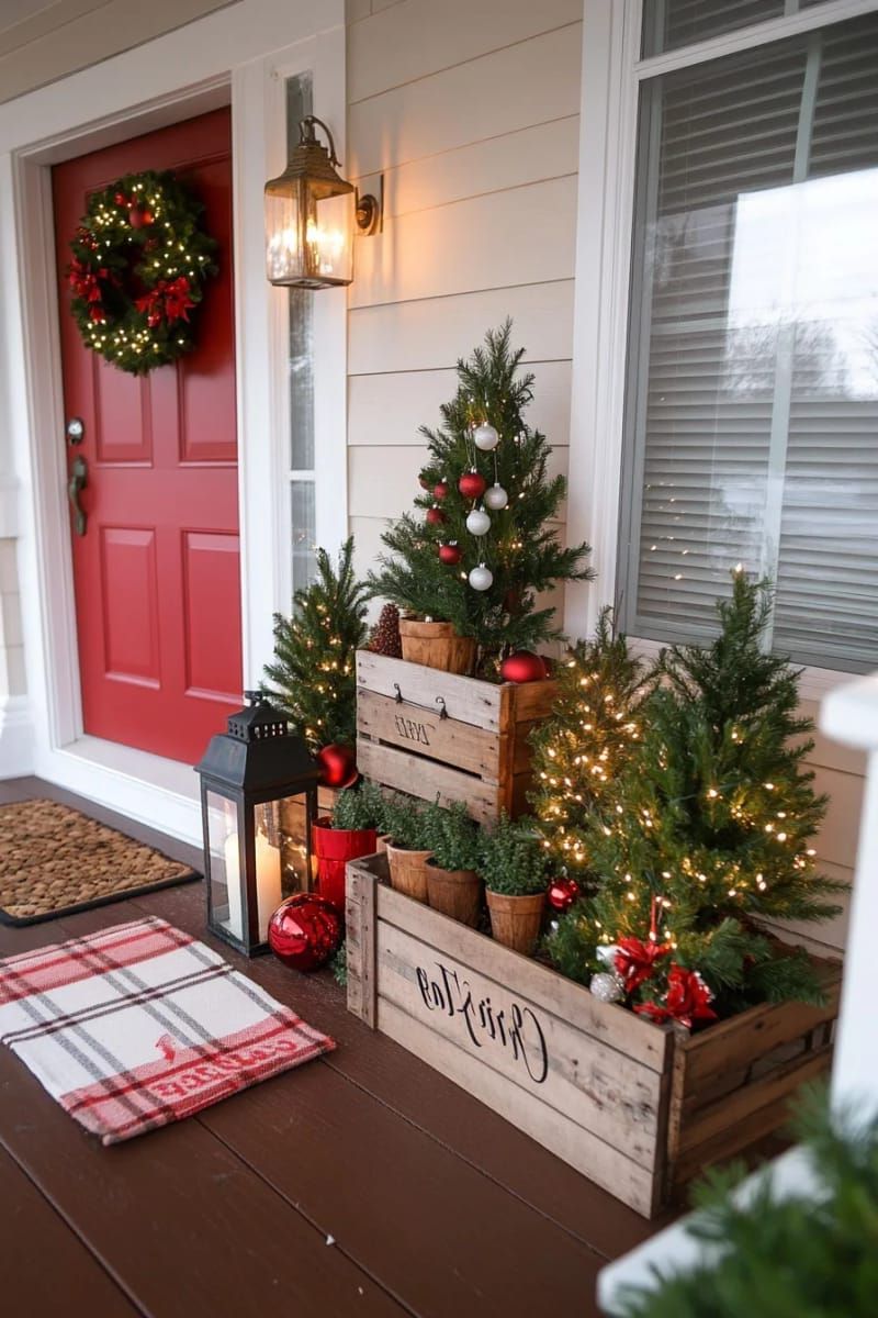 11. Reclaimed Crates Stacked with Potted Evergreens