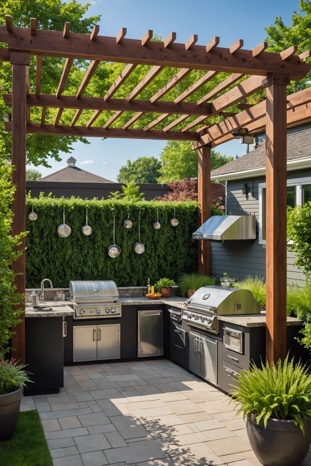3) Outdoor Kitchen Pergola with Built-In BBQ