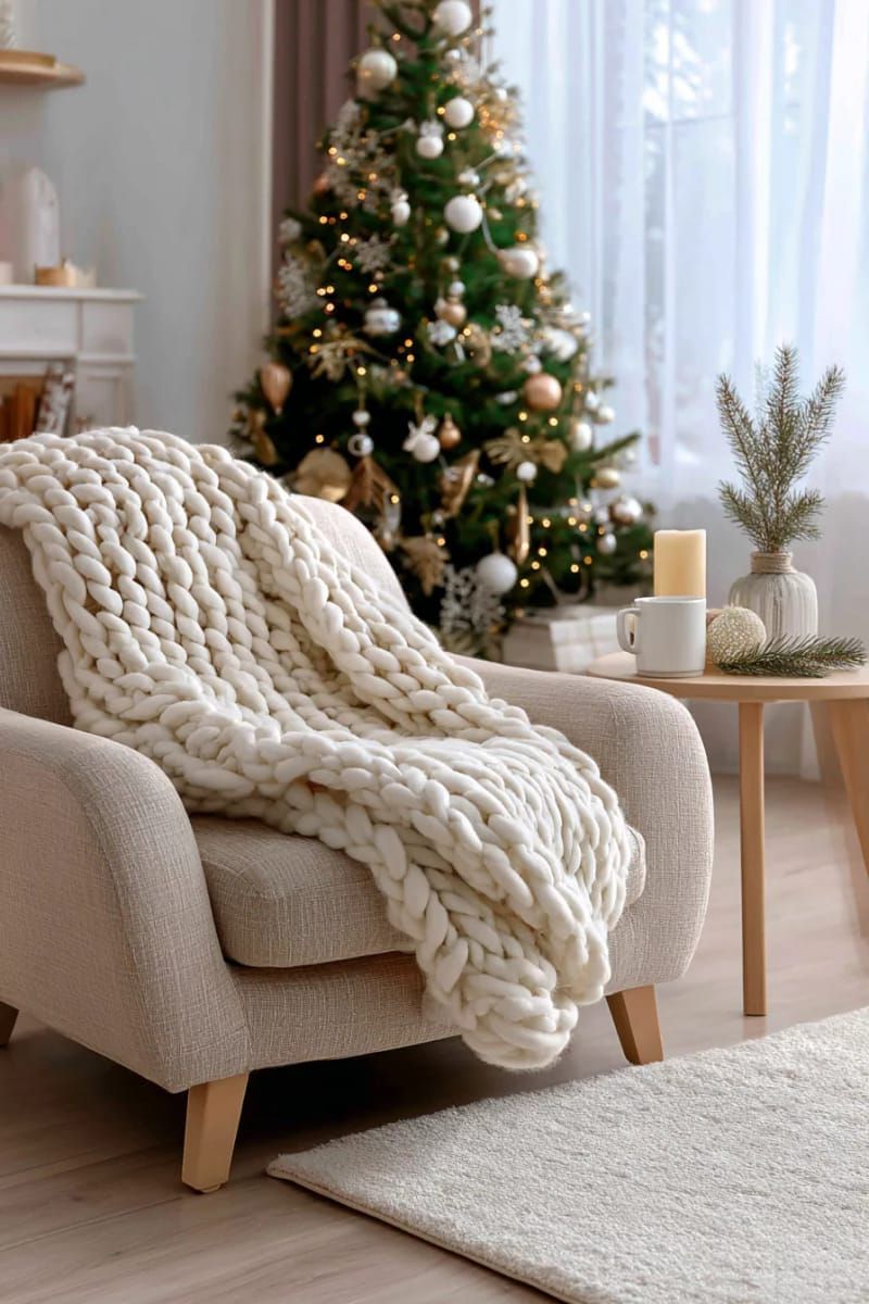 14. Ivory Knit Throw on an Armchair