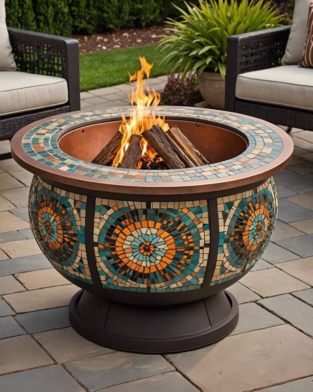 Fire Pit Featuring Mosaic Tile and Copper Details
