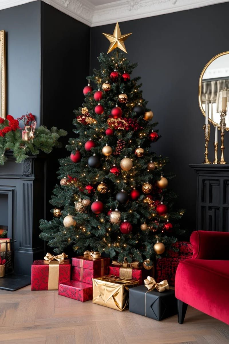 4. Black Christmas tree with gold and red accents