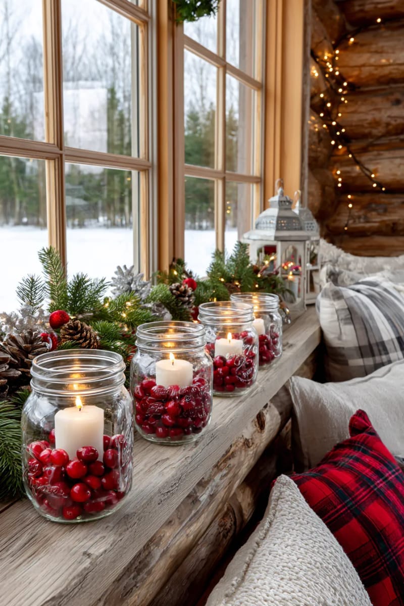 9. Cranberry Mason Jars With Floating Candles