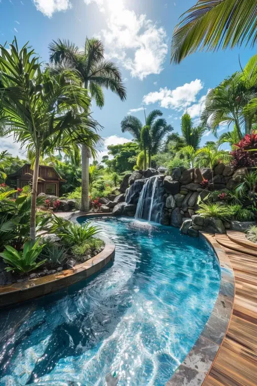 Tropical Pool With a Cascading Waterfall