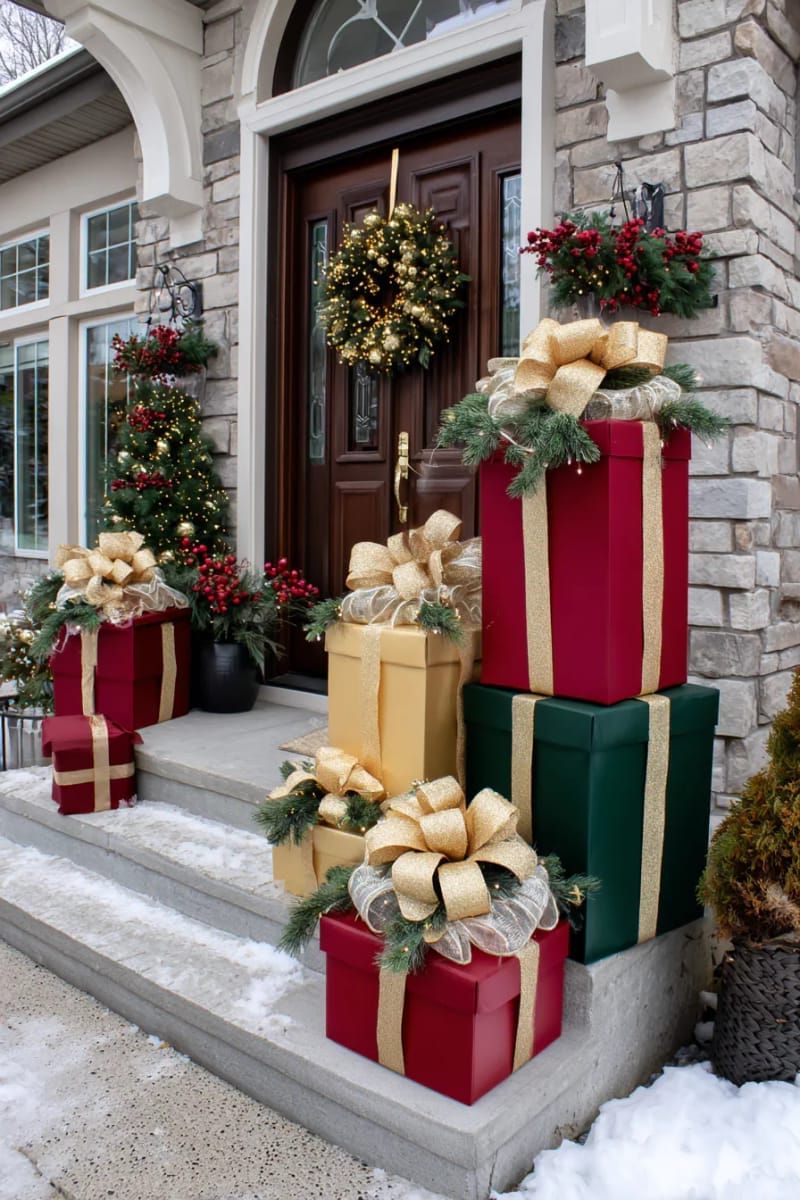 5. Stacked 3D Gift Boxes with Fairy Lights and Ribbon