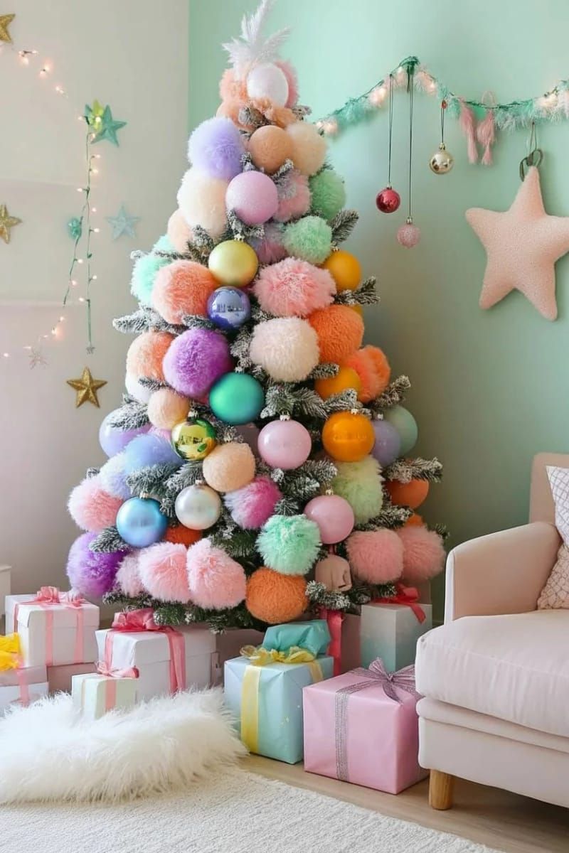 17. Whimsical Tree With Oversized Rainbow Plush Ornaments