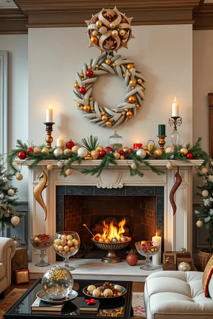 Decorating a Fireplace with Ornaments and Baubles