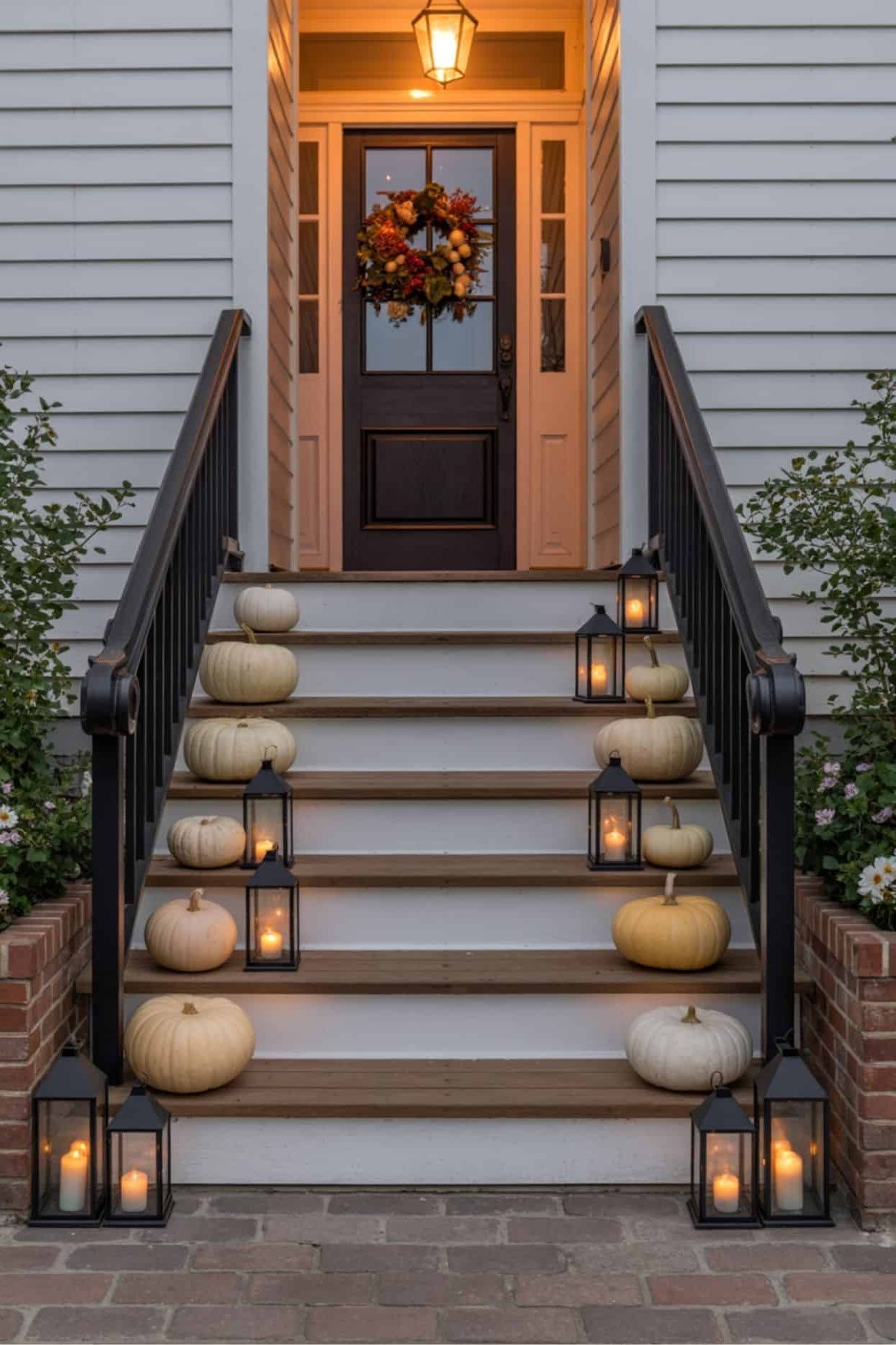 Front Porch Magic: Lantern-lit Welcome with White Pumpkins