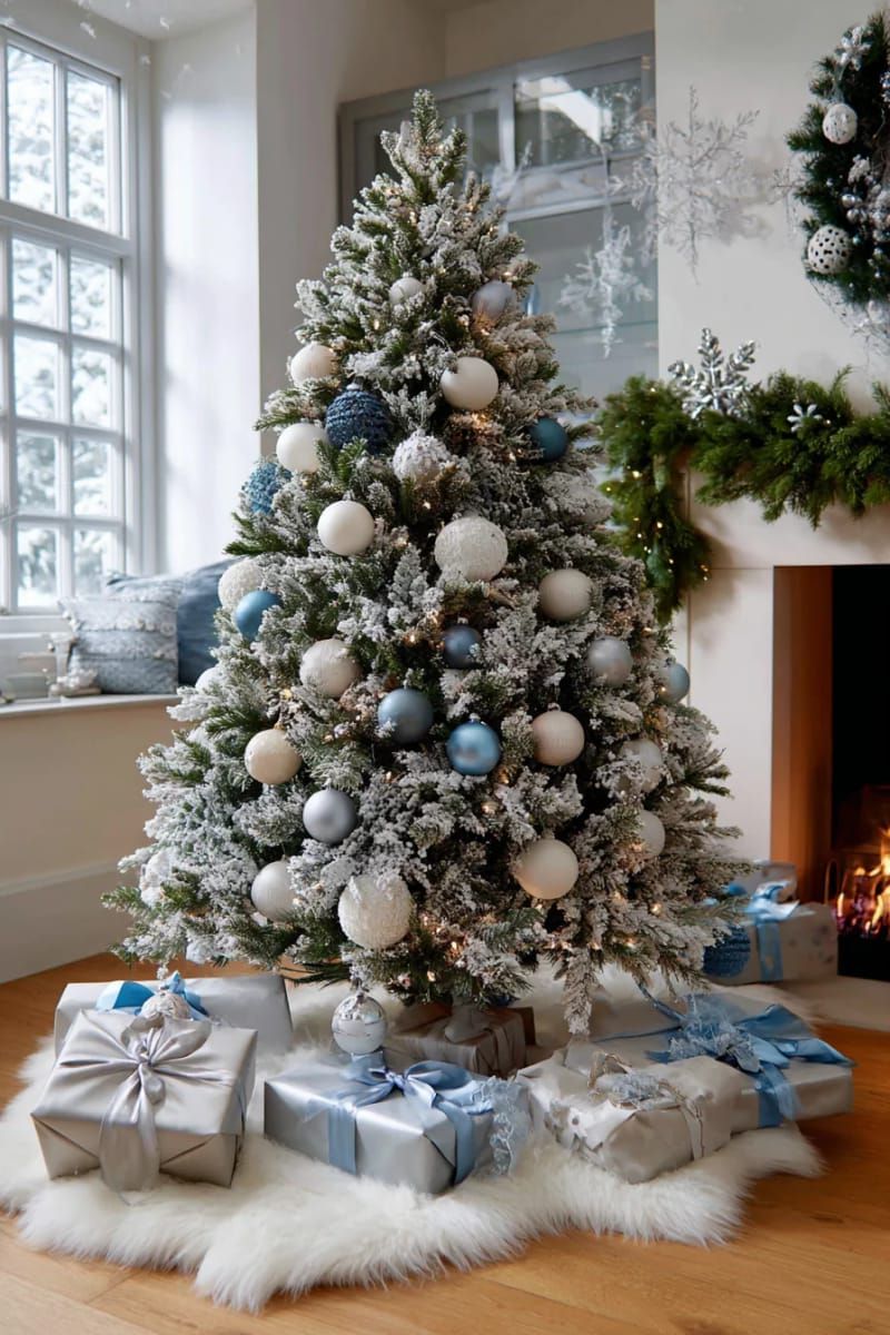13. Frosted flocked tree in silver, white, and blue