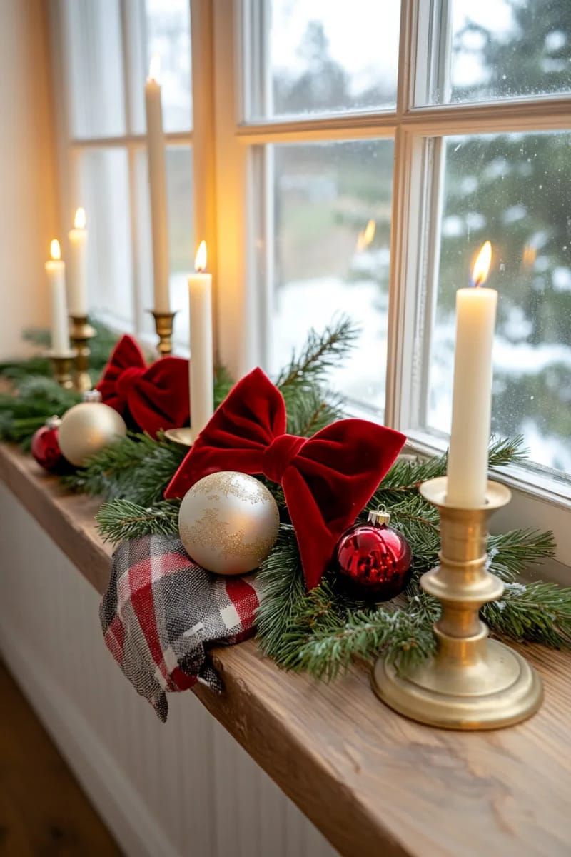 6. Candlelit windowsills with cedar and red ribbon