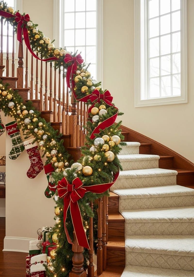 28. Staircase Wrapped in Garland and Velvet Ribbon - photo 3