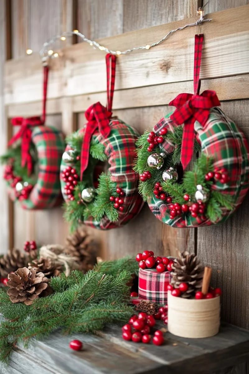 7. Wreaths made from mason jar lids adorned with plaid fabric and small bells